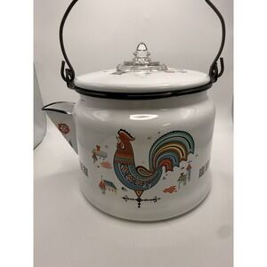 1960s White Enamel Berggren Kettle Rooster Folkart Swedish Design Z5